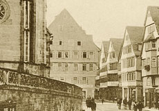 Historische Postkarte vom Holzmarkt in Tübingen nach der Restaurierung. Denkmalpflege der vav Fischer-Bumiller G.b.R. Frankfurt am Main.